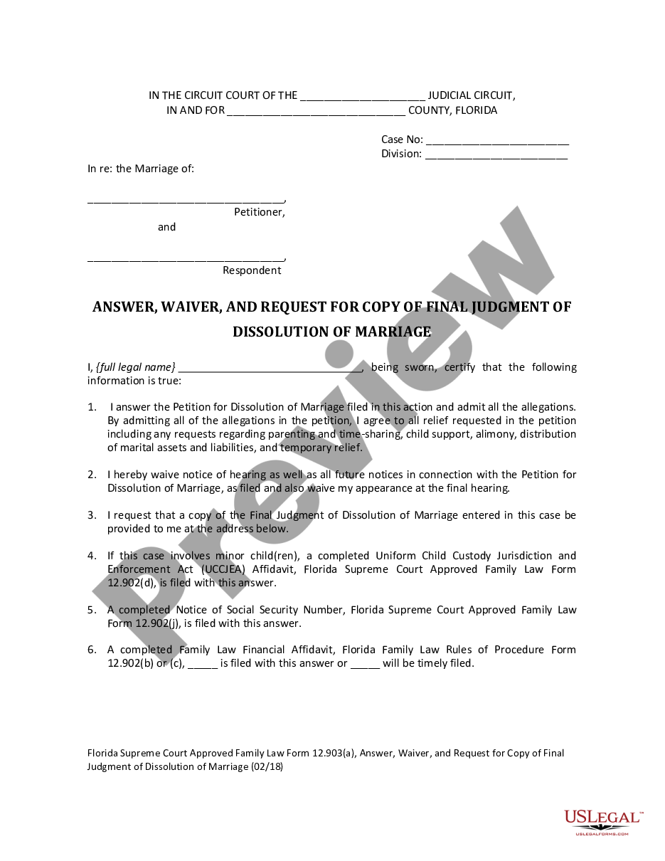 form Answer, Waiver, and Request for Copy of Final Judgment of Dissolution of Marriage preview