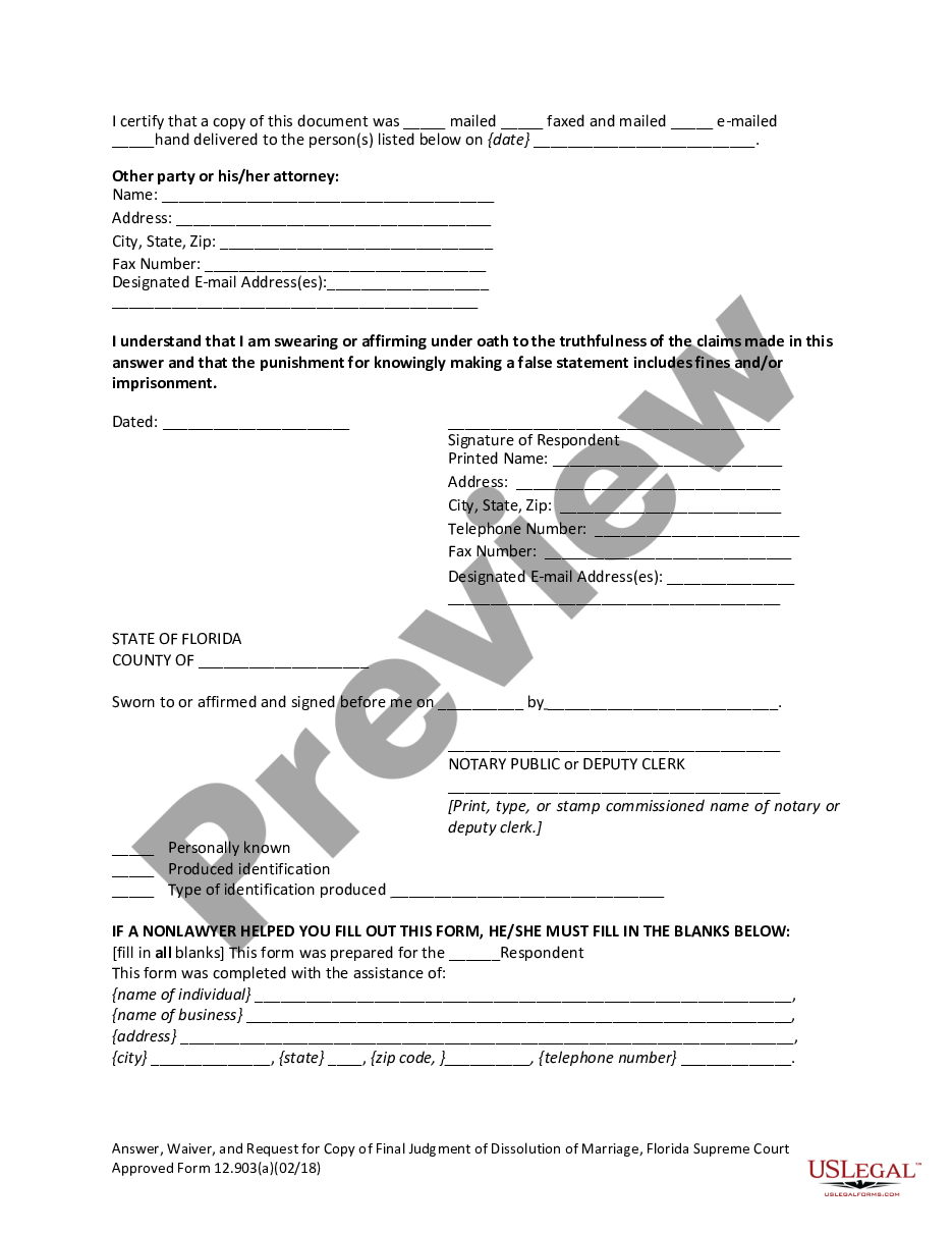 page 5 Answer, Waiver, and Request for Copy of Final Judgment of Dissolution of Marriage preview