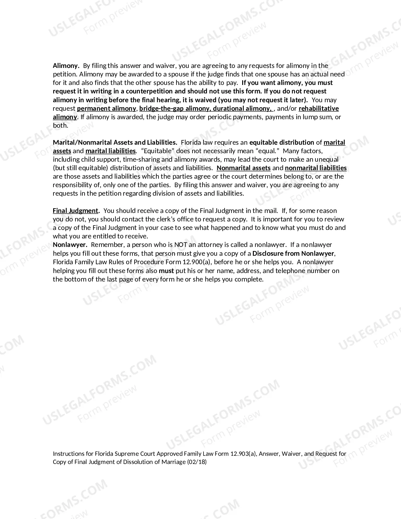 Preview Answer, Waiver, and Request for Copy of Final Judgment of Dissolution of Marriage