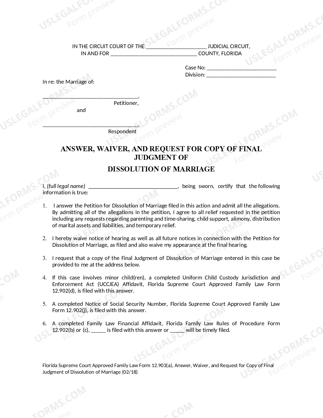 Preview Answer, Waiver, and Request for Copy of Final Judgment of Dissolution of Marriage