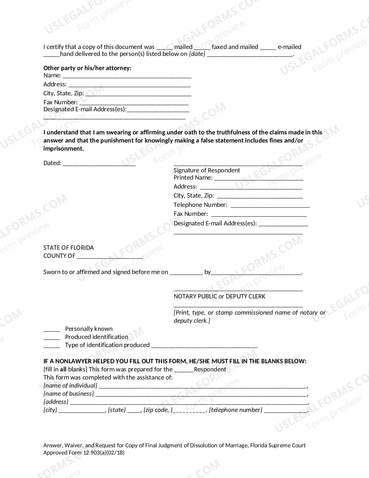 Preview Answer, Waiver, and Request for Copy of Final Judgment of Dissolution of Marriage