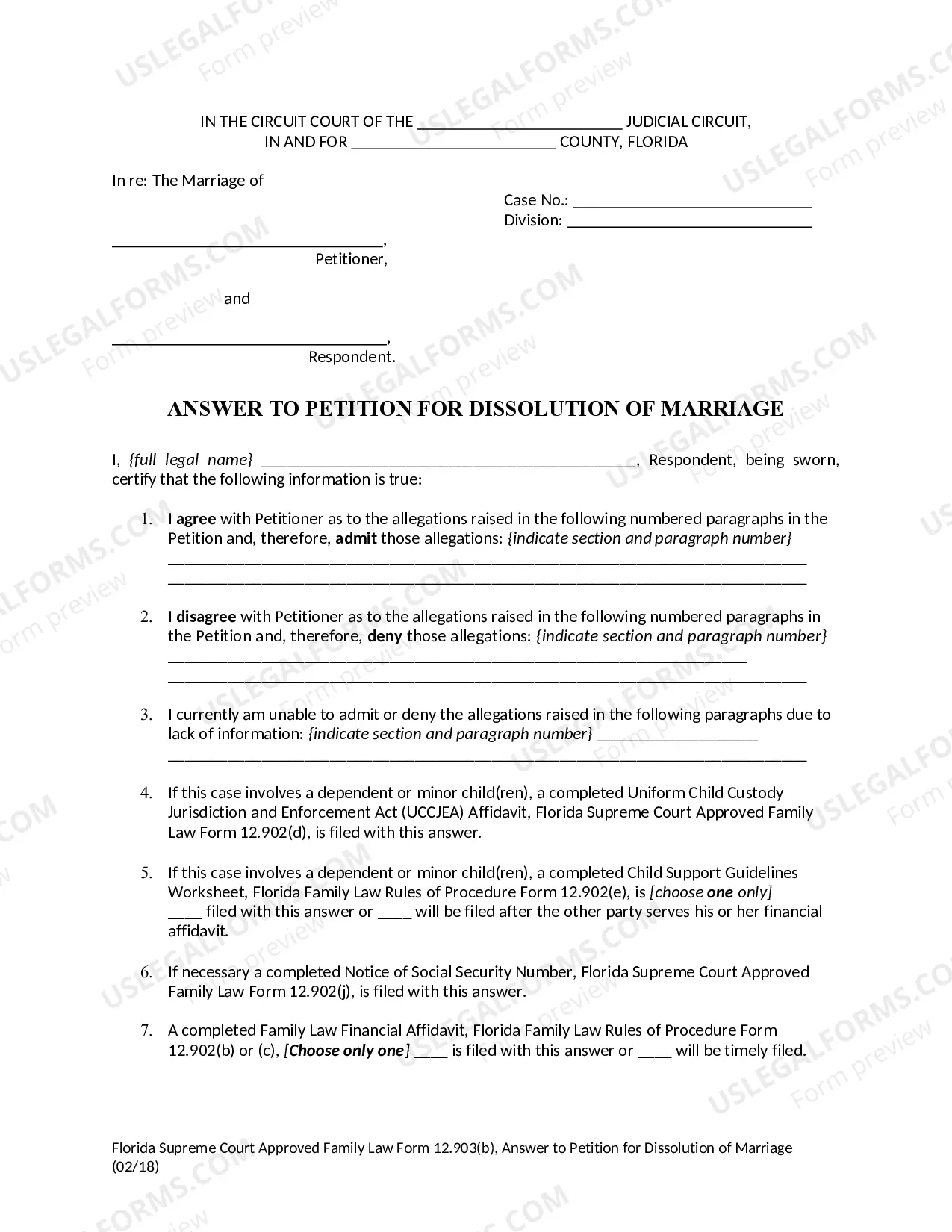 Preview Answer to Petition for Dissolution of Marriage