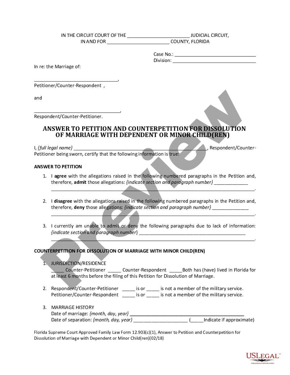 form Answer to Petition and Counterpetition for Dissolution of Marriage with Dependent or Minor Children preview
