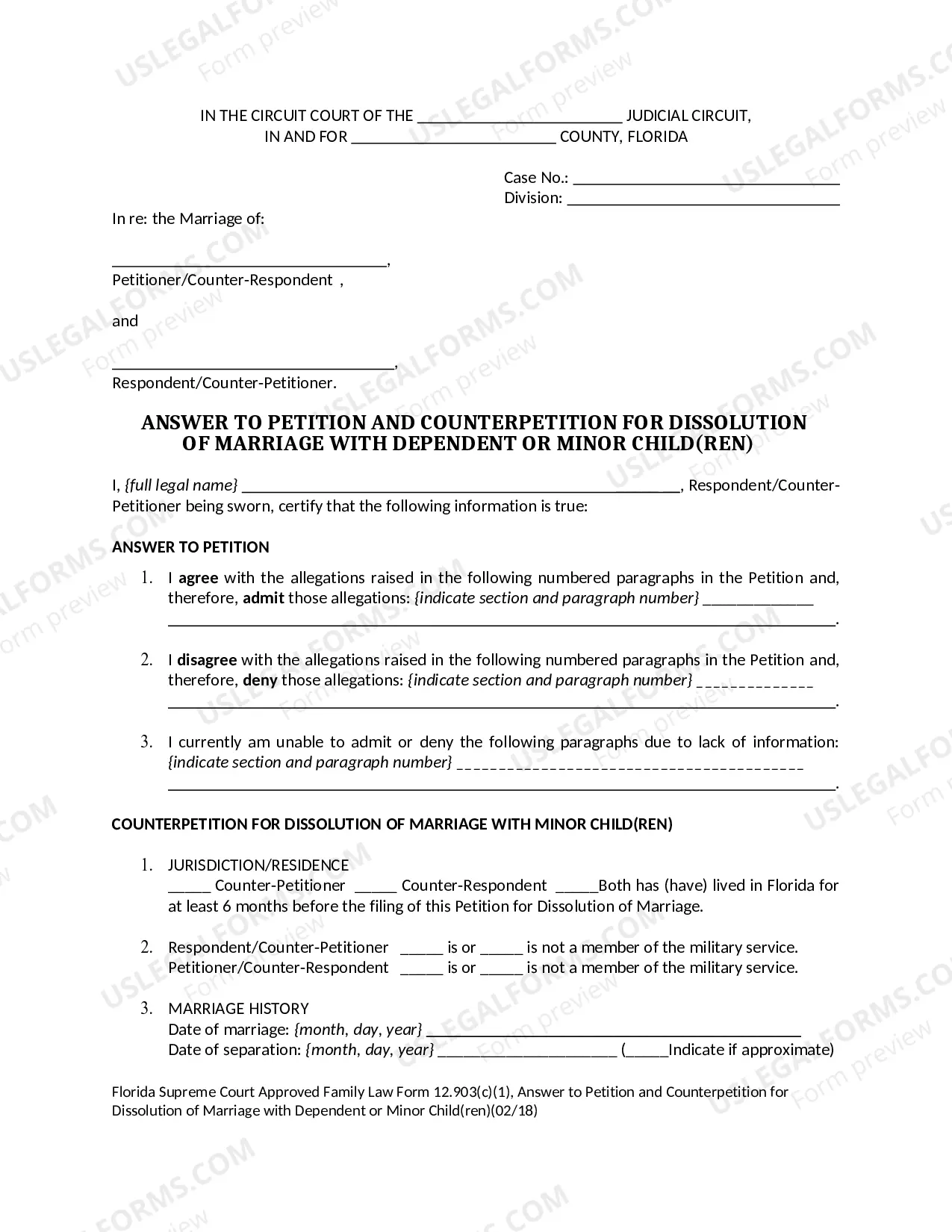 Preview Answer to Petition and Counterpetition for Dissolution of Marriage with Dependent or Minor Children