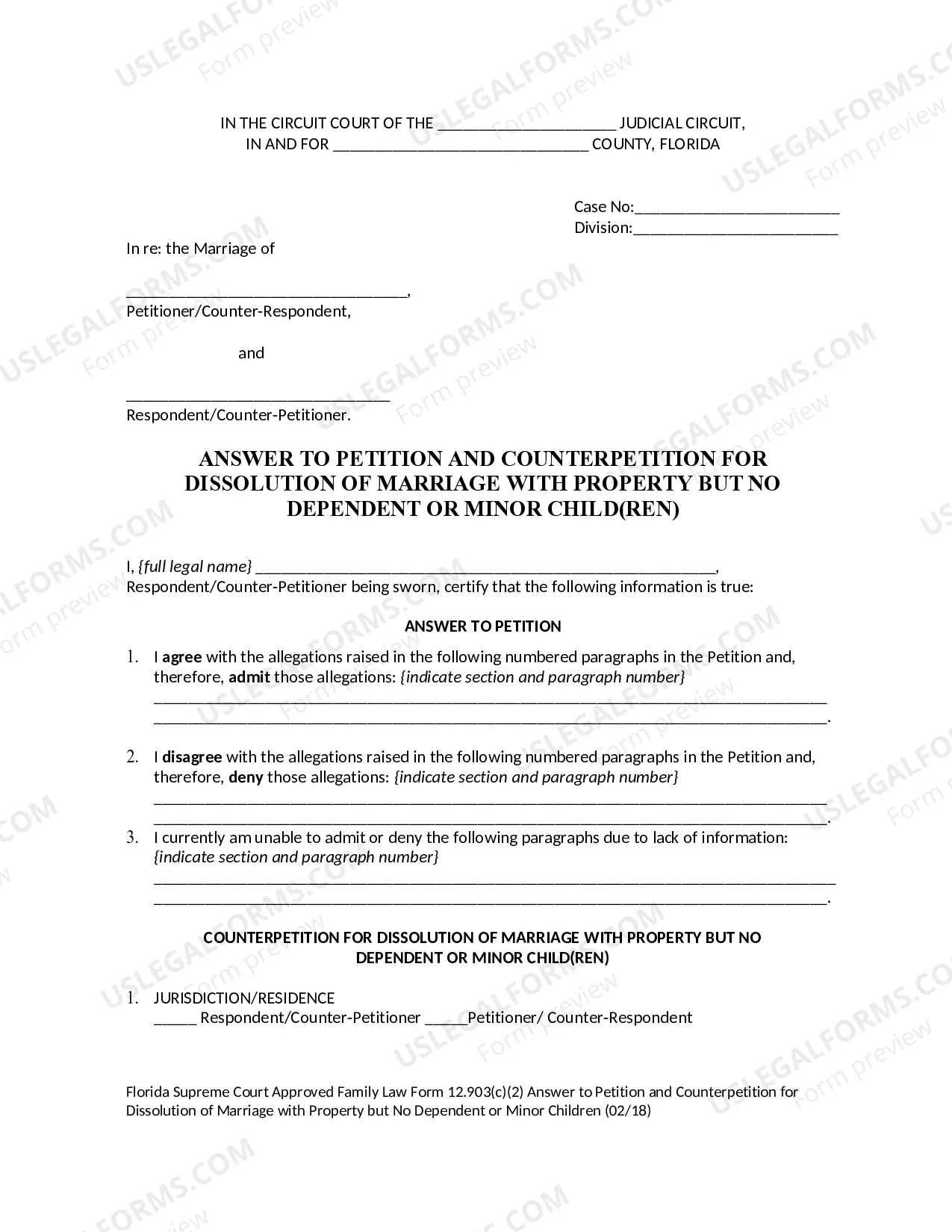 Preview Answer to Petition and Counterpetition for Dissolution of Marriage with Property but No Dependent or Minor Children
