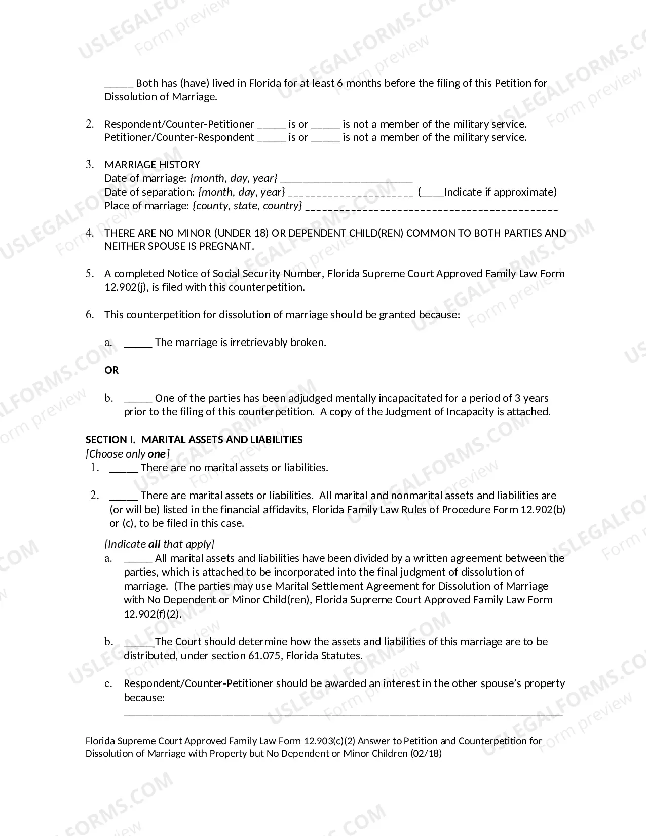 Preview Answer to Petition and Counterpetition for Dissolution of Marriage with Property but No Dependent or Minor Children