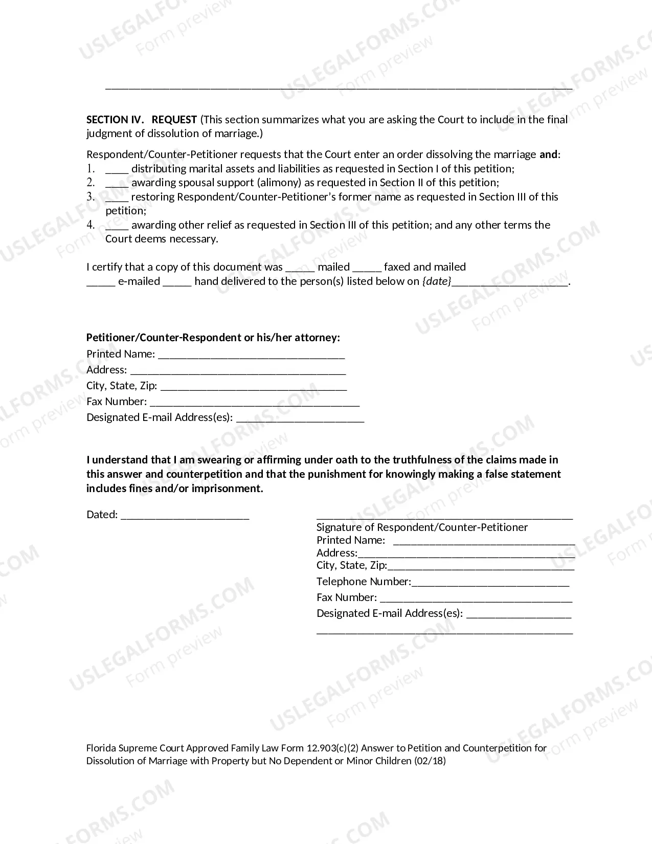 Preview Answer to Petition and Counterpetition for Dissolution of Marriage with Property but No Dependent or Minor Children