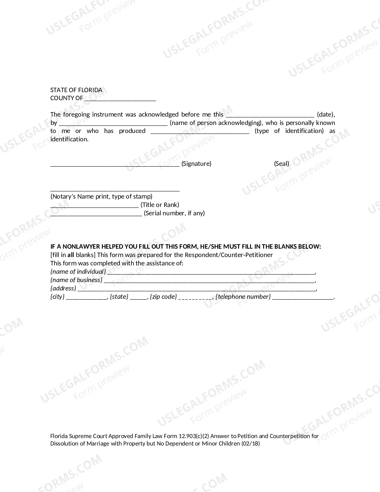 Preview Answer to Petition and Counterpetition for Dissolution of Marriage with Property but No Dependent or Minor Children