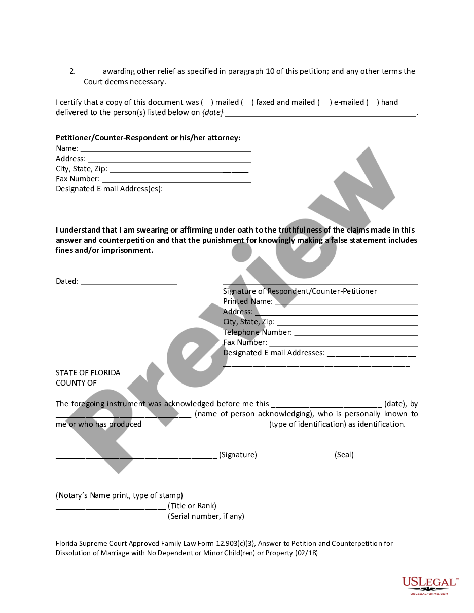 form Answer to Petition and Counterpetition for Dissolution of Marriage with No Dependent or Minor Children or Property preview
