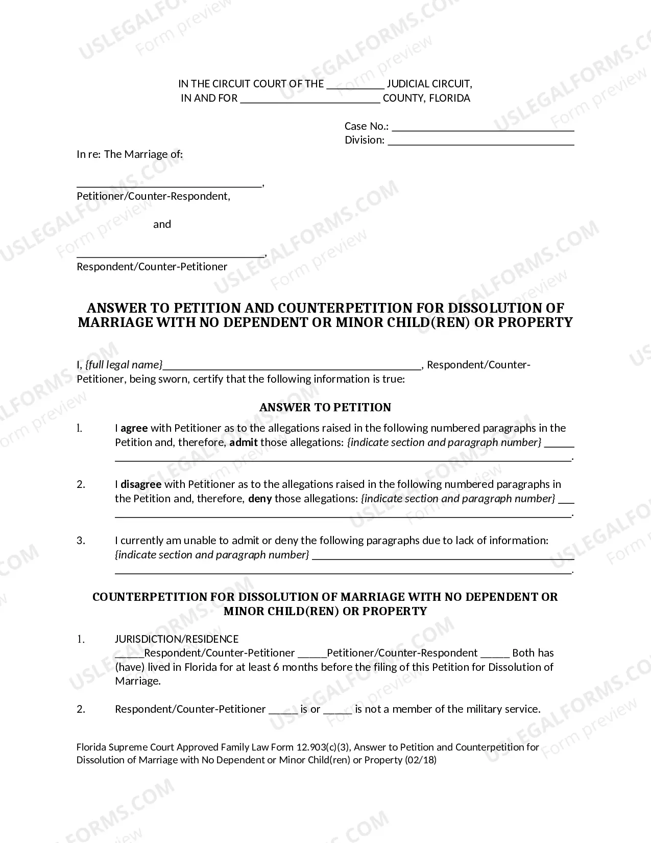 Preview Answer to Petition and Counterpetition for Dissolution of Marriage with No Dependent or Minor Children or Property
