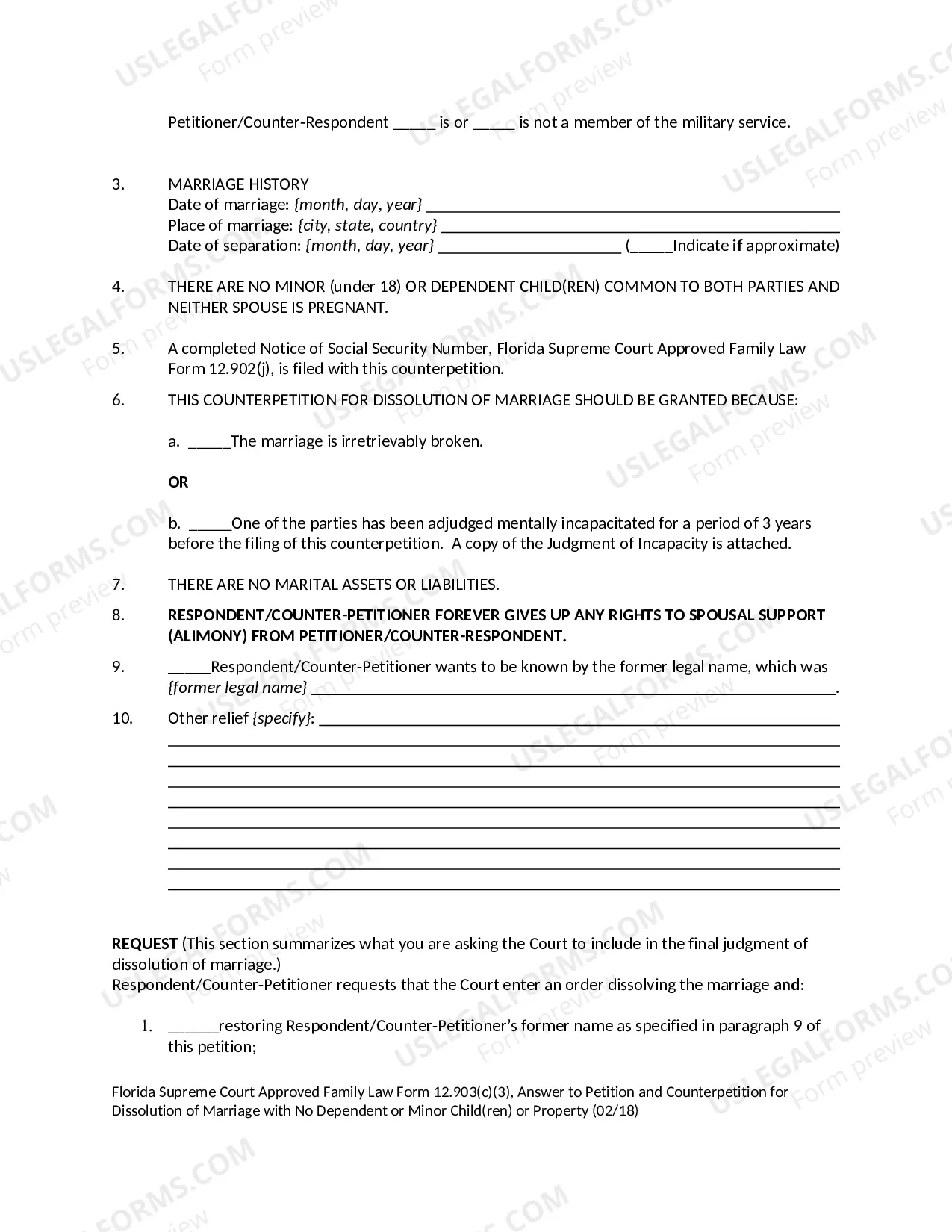 Preview Answer to Petition and Counterpetition for Dissolution of Marriage with No Dependent or Minor Children or Property