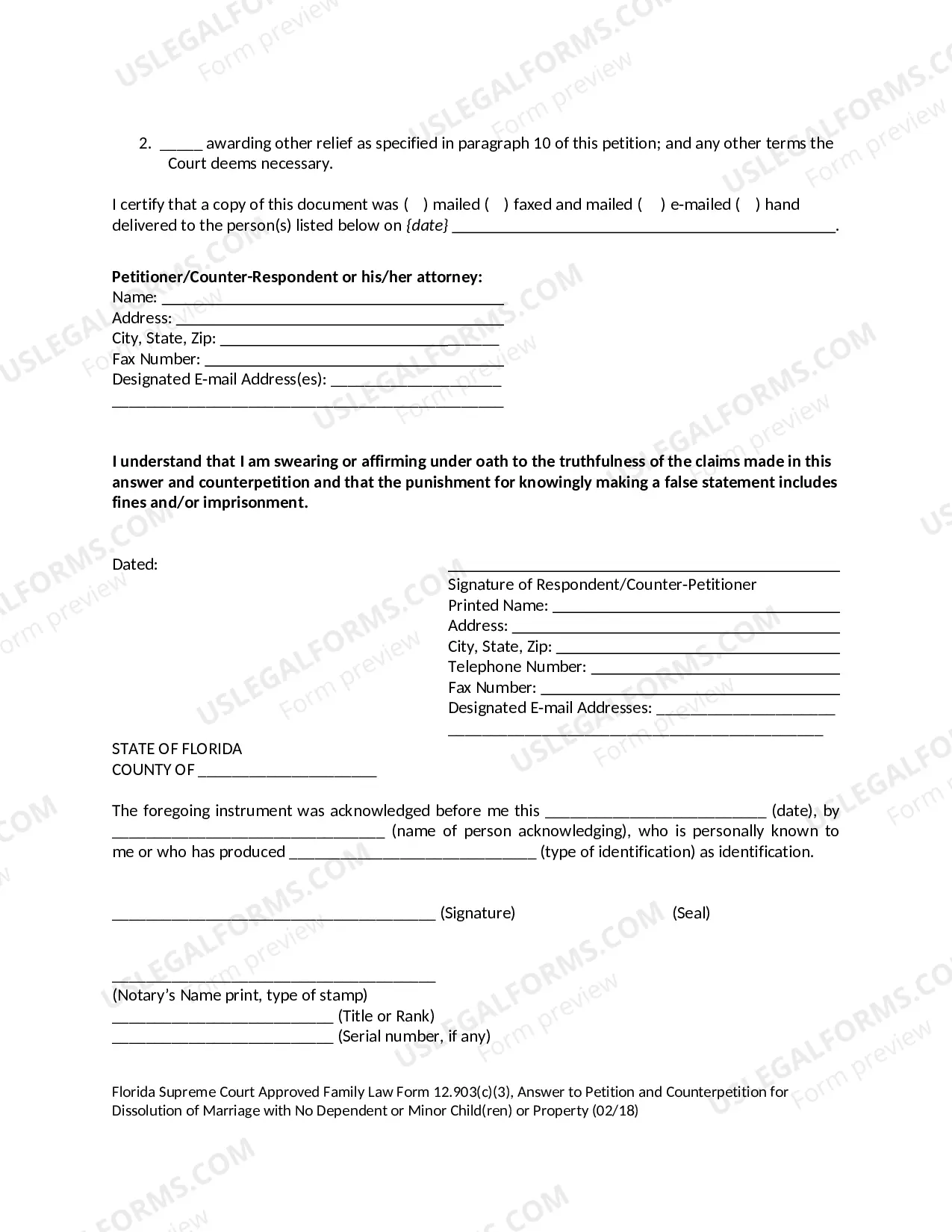 Preview Answer to Petition and Counterpetition for Dissolution of Marriage with No Dependent or Minor Children or Property