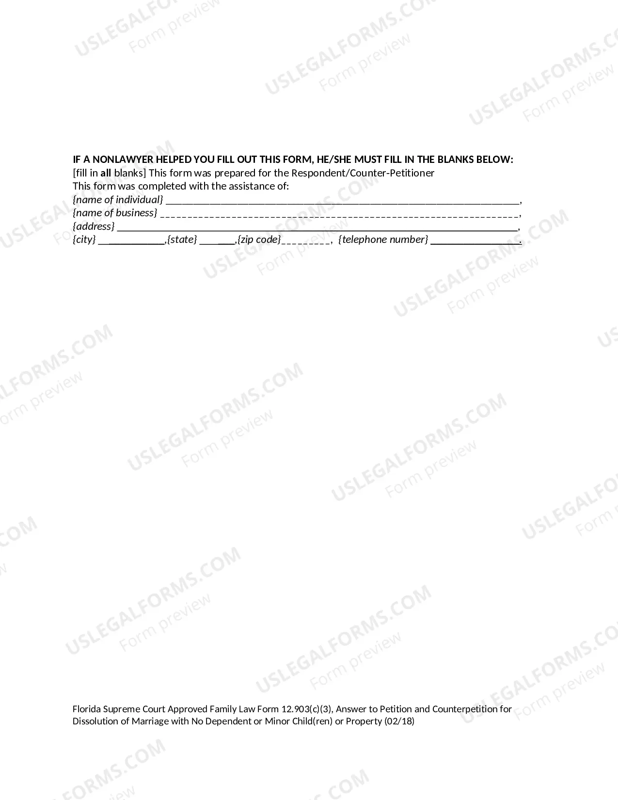 Preview Answer to Petition and Counterpetition for Dissolution of Marriage with No Dependent or Minor Children or Property
