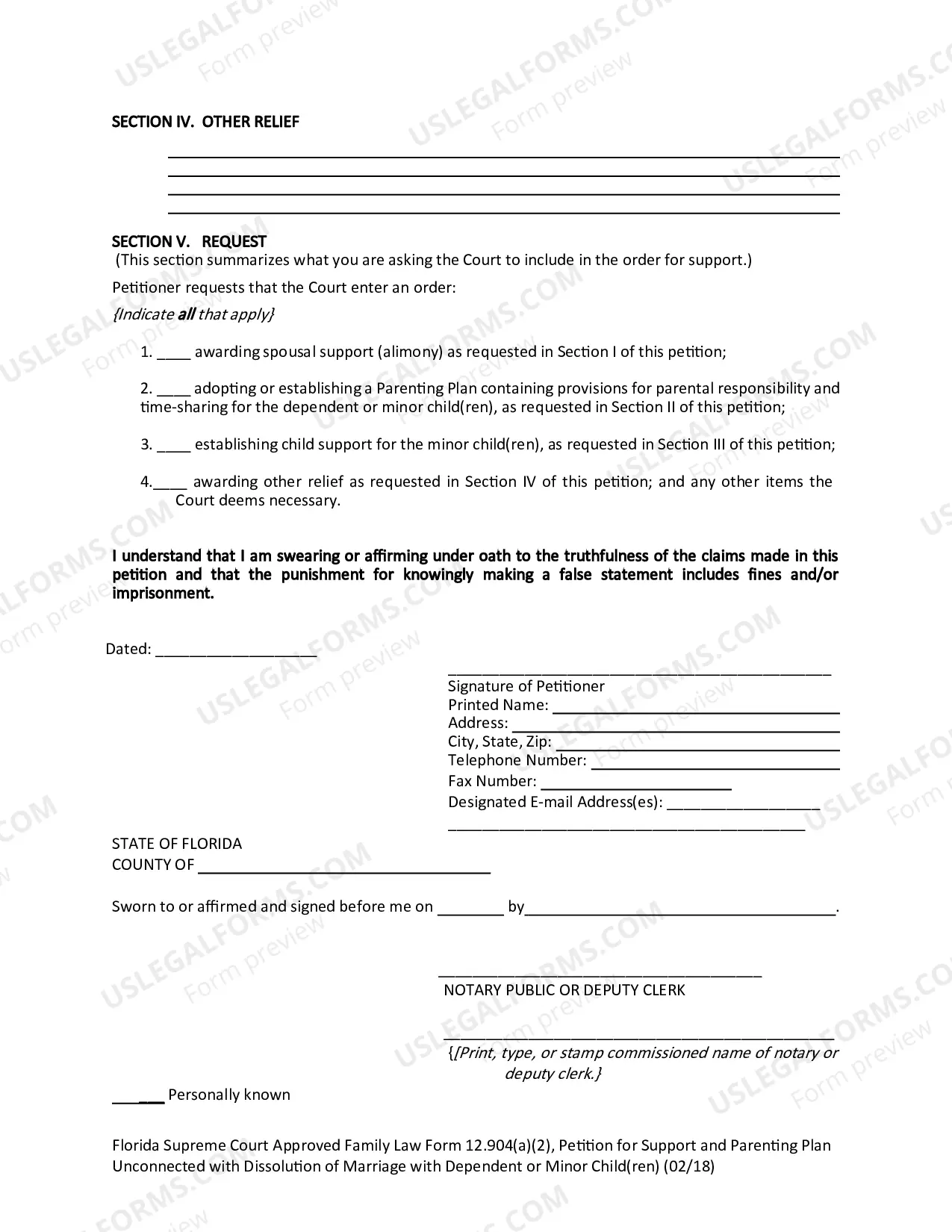 Preview Petition for Support and Parenting Plan Unconnected with Dissolution of Marriage with Dependent or Minor Child(ren)