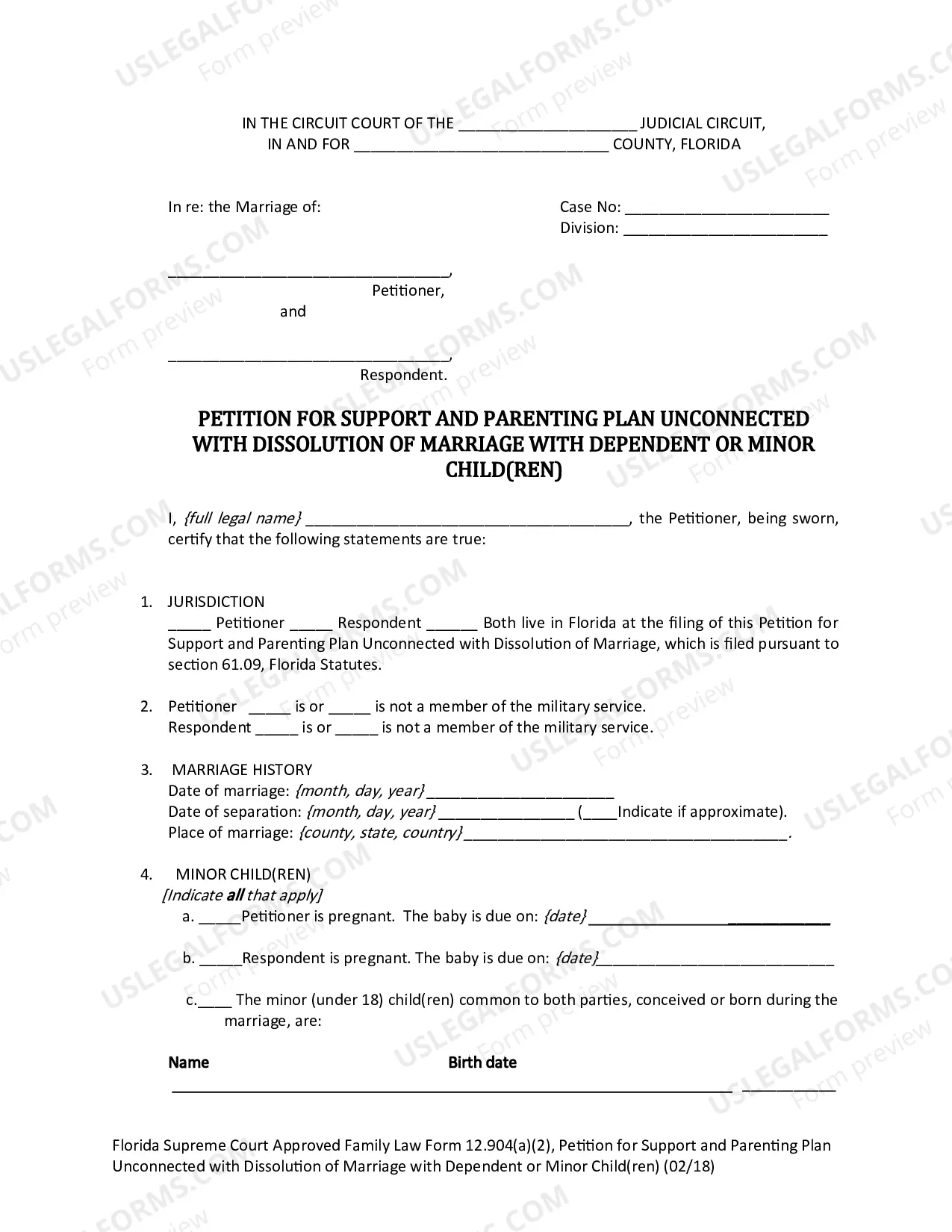 Preview Petition for Support and Parenting Plan Unconnected with Dissolution of Marriage with Dependent or Minor Child(ren)