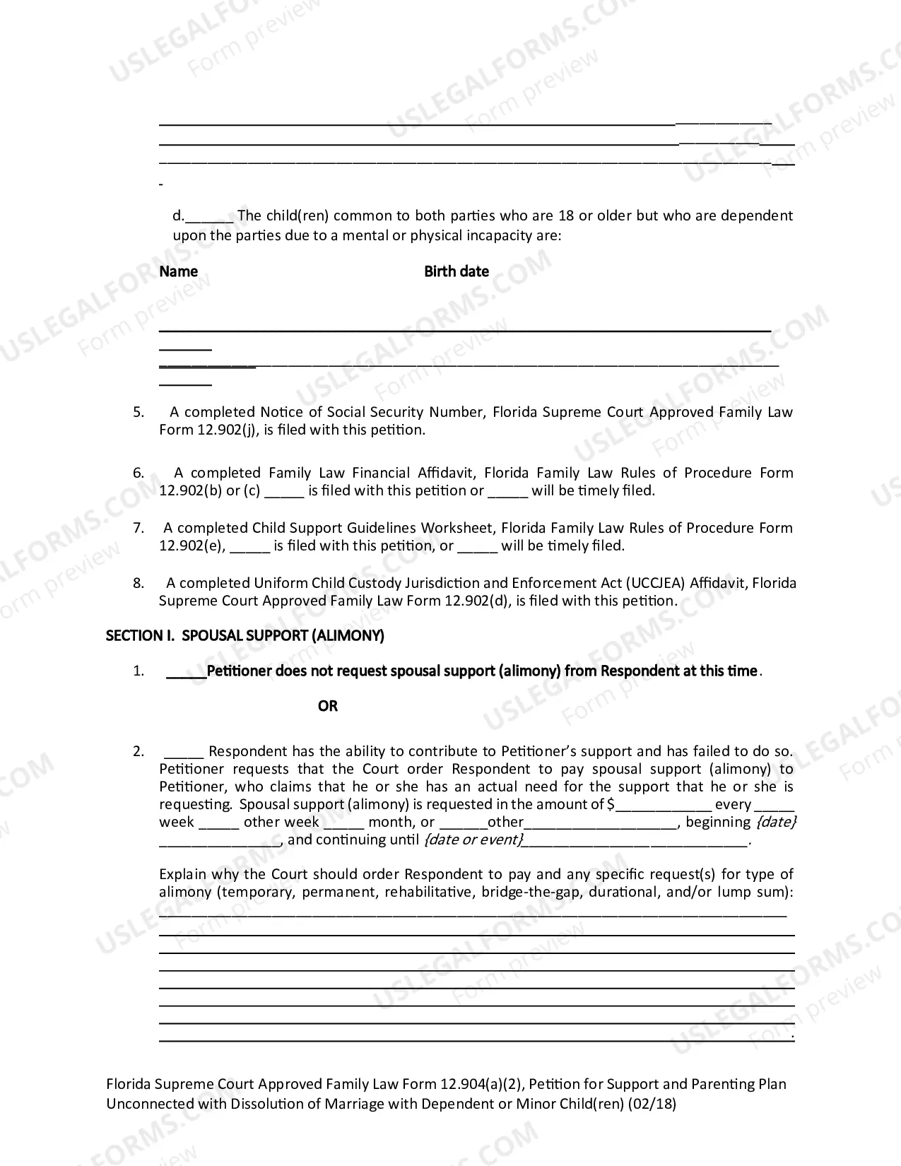 Preview Petition for Support and Parenting Plan Unconnected with Dissolution of Marriage with Dependent or Minor Child(ren)