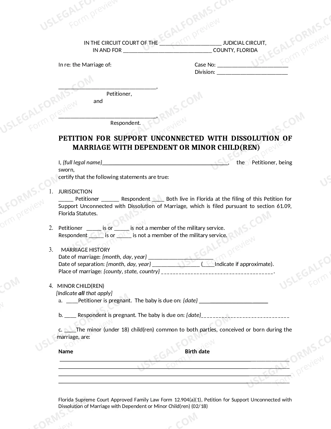 Preview Petition for Support Unconnected with Dissolution of Marriage with Dependent or Minor Children