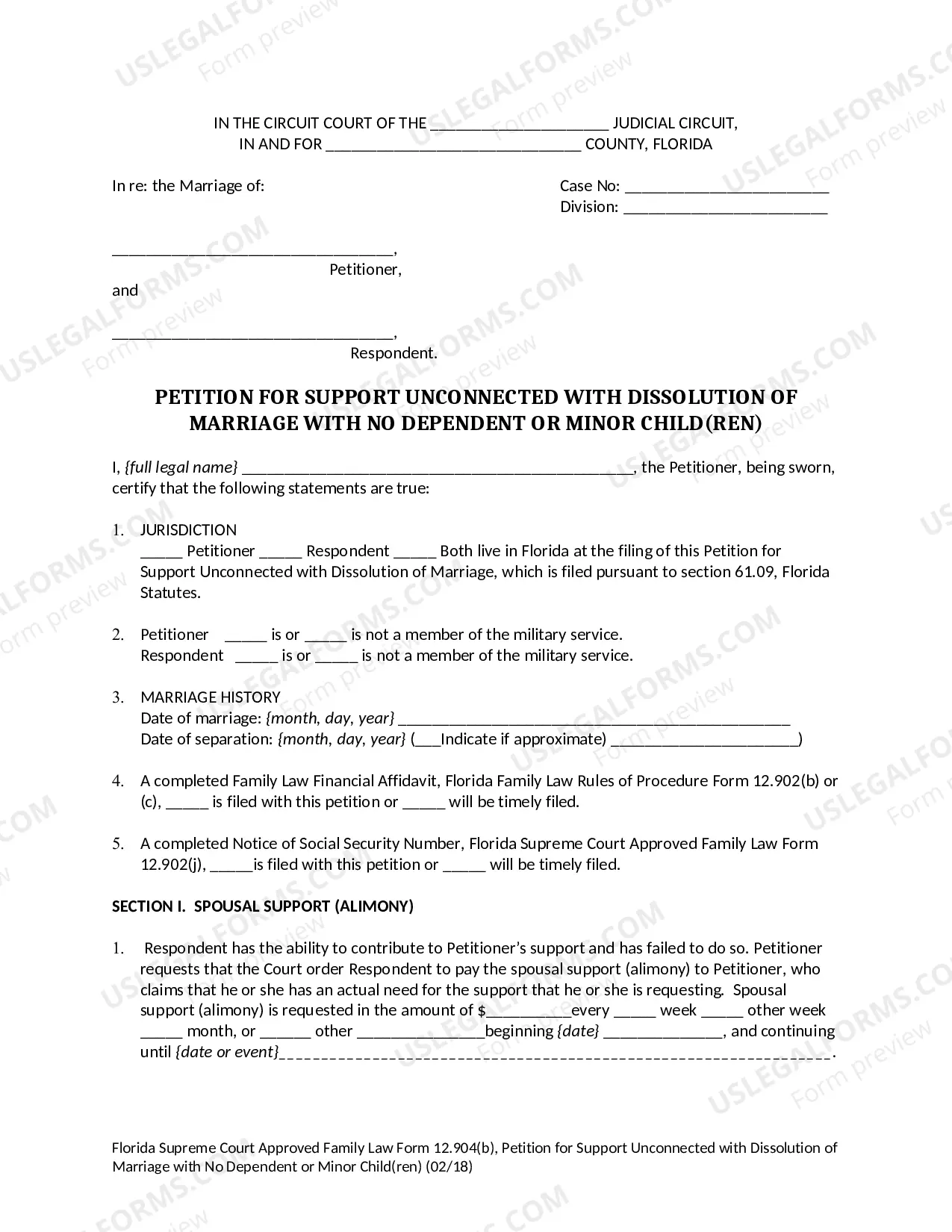 Preview Petition for Support Unconnected With Dissolution of Marriage with No Dependent or Minor Children