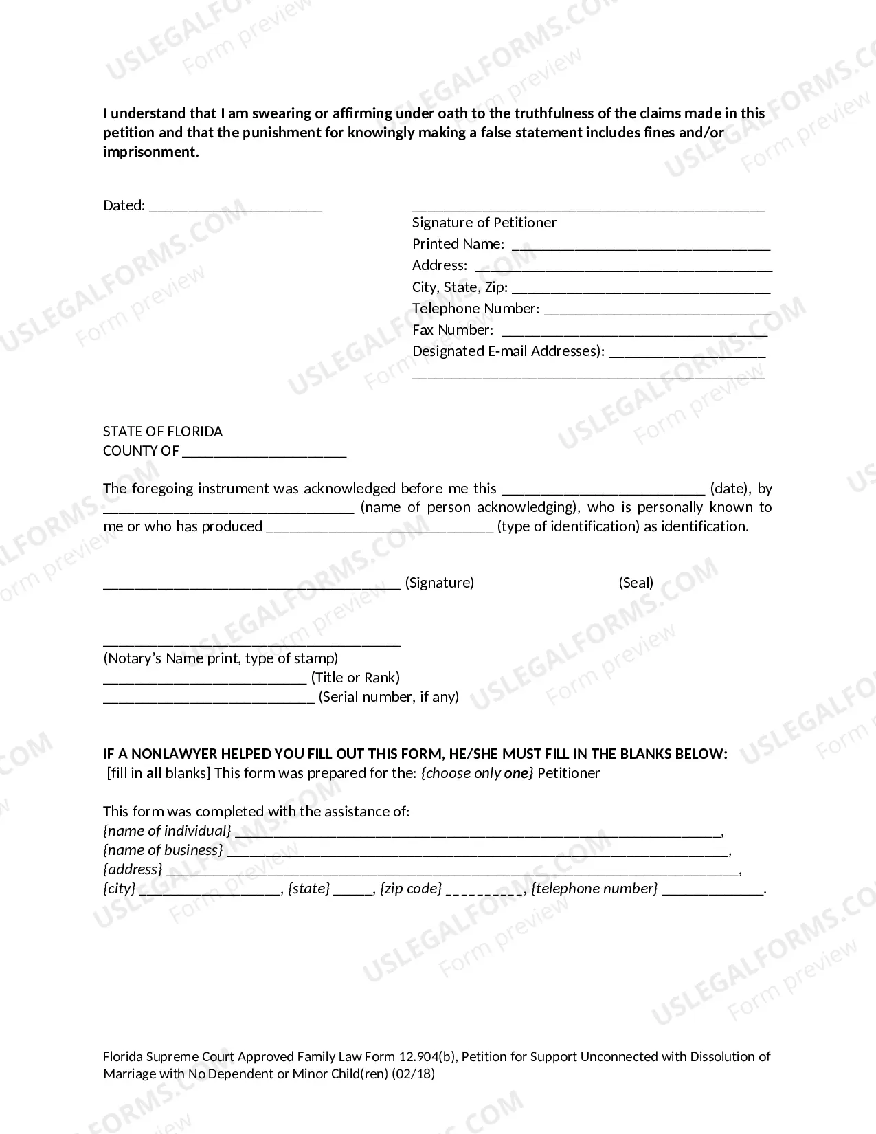 Preview Petition for Support Unconnected With Dissolution of Marriage with No Dependent or Minor Children