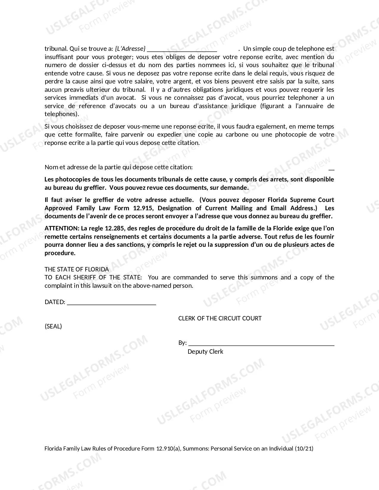 Preview Summons - Personal Service on an Individual
