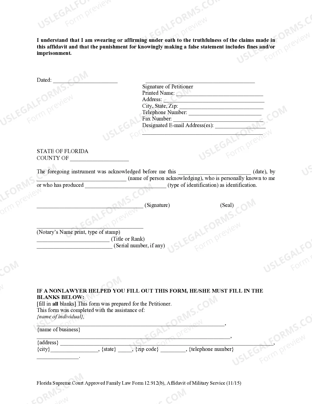 Preview Non-Military Affidavit