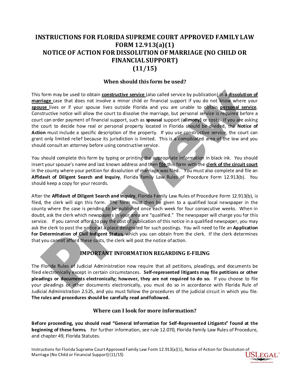form Notice of Action for Dissolution of Marriage preview