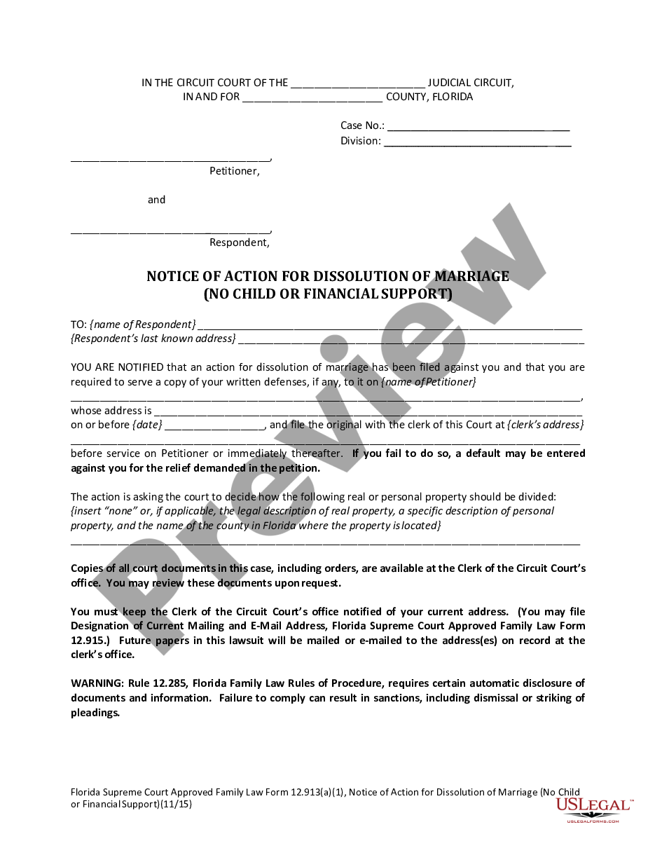 form Notice of Action for Dissolution of Marriage preview