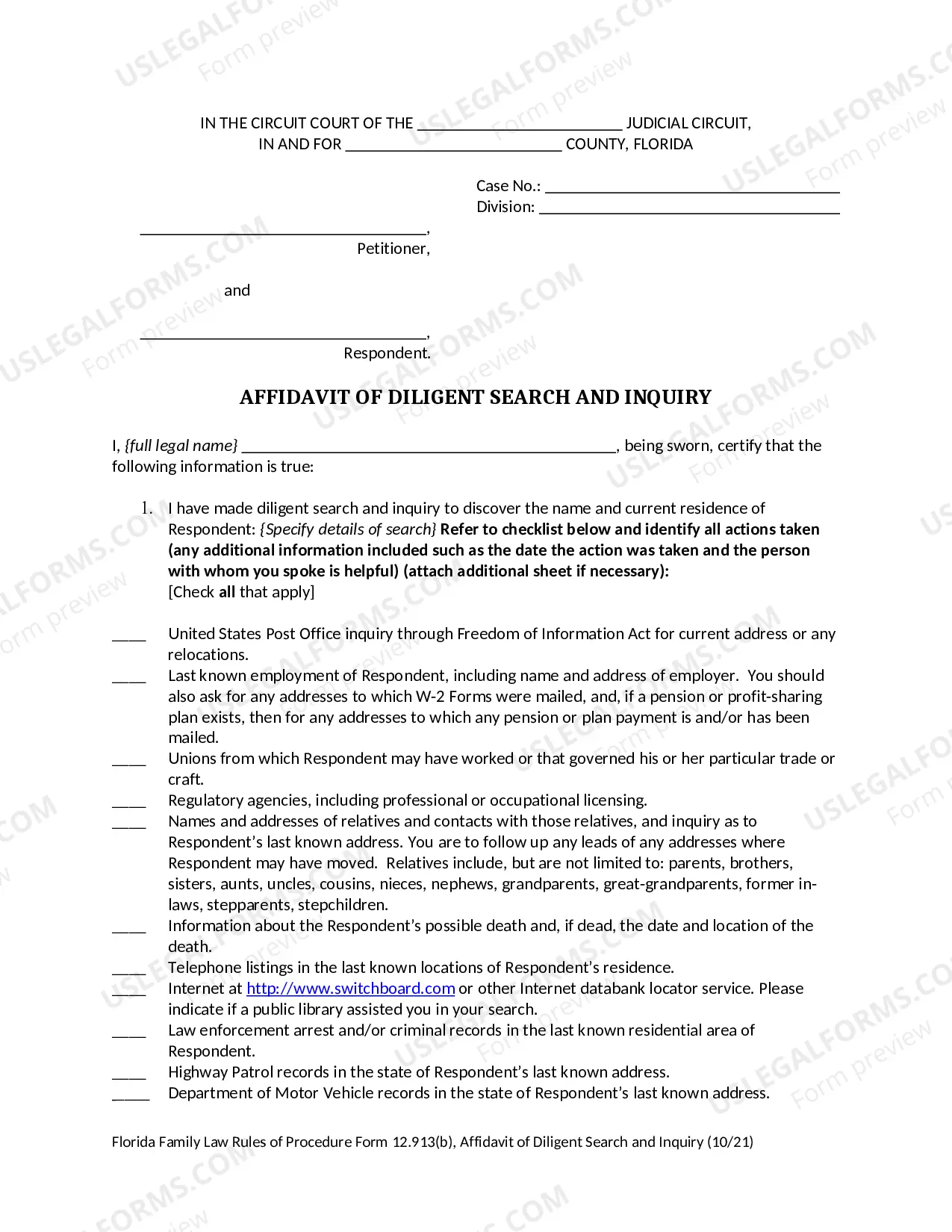Preview Affidavit of Diligent Search And Inquiry
