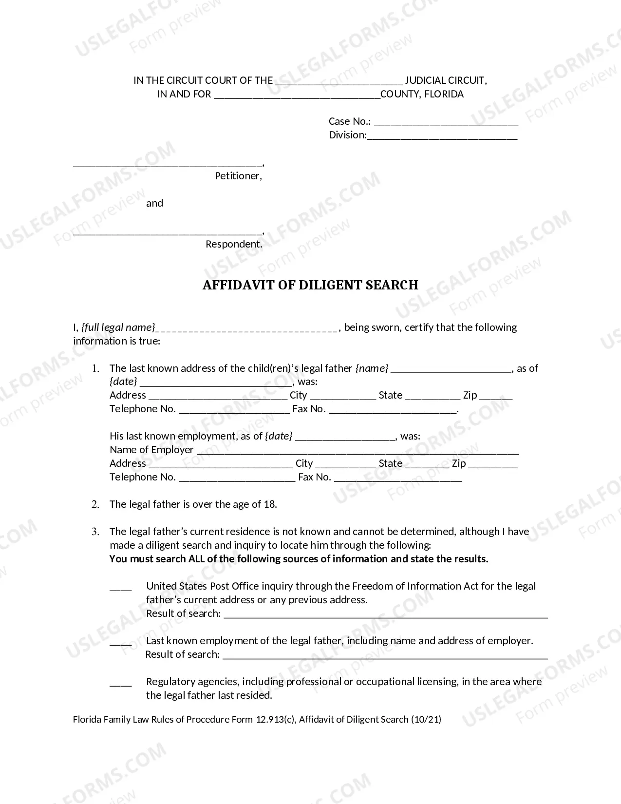 Preview Affidavit Of Diligent Search