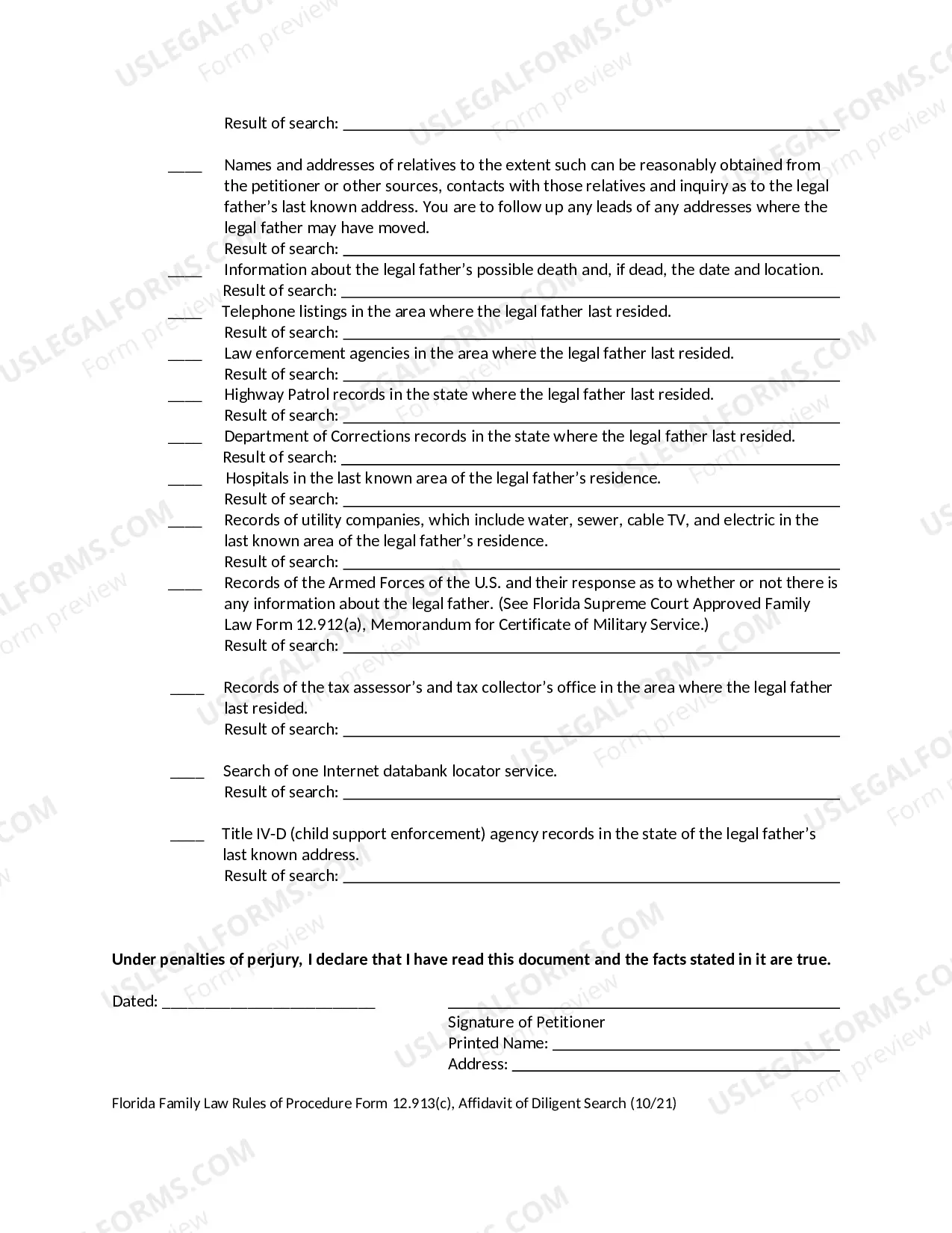 Preview Affidavit Of Diligent Search