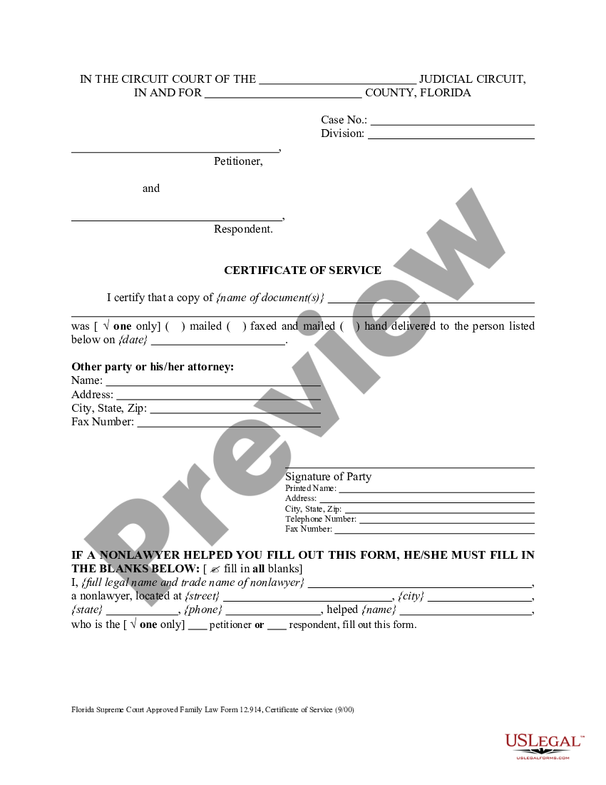 Florida Certificate of Service Certificate Of Service Florida US