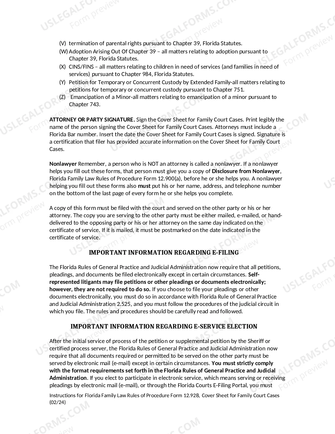 Preview Cover Sheet for Family Court