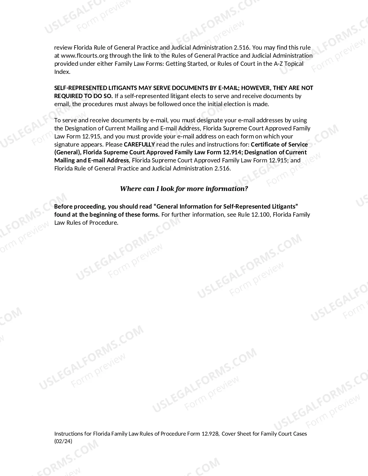 Preview Cover Sheet for Family Court