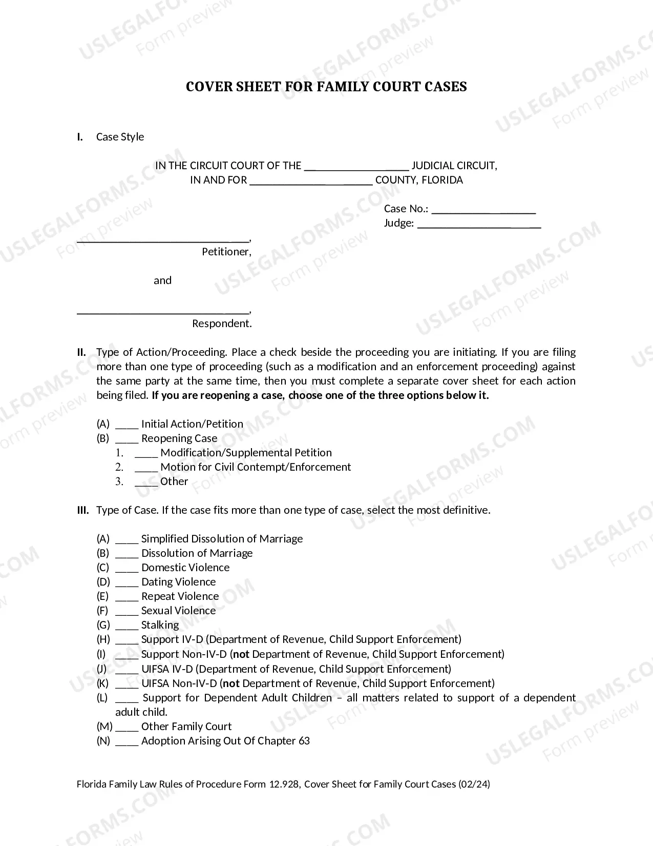 Preview Cover Sheet for Family Court