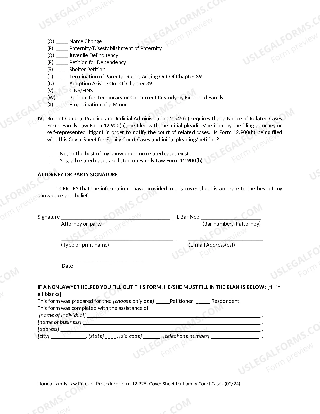 Preview Cover Sheet for Family Court