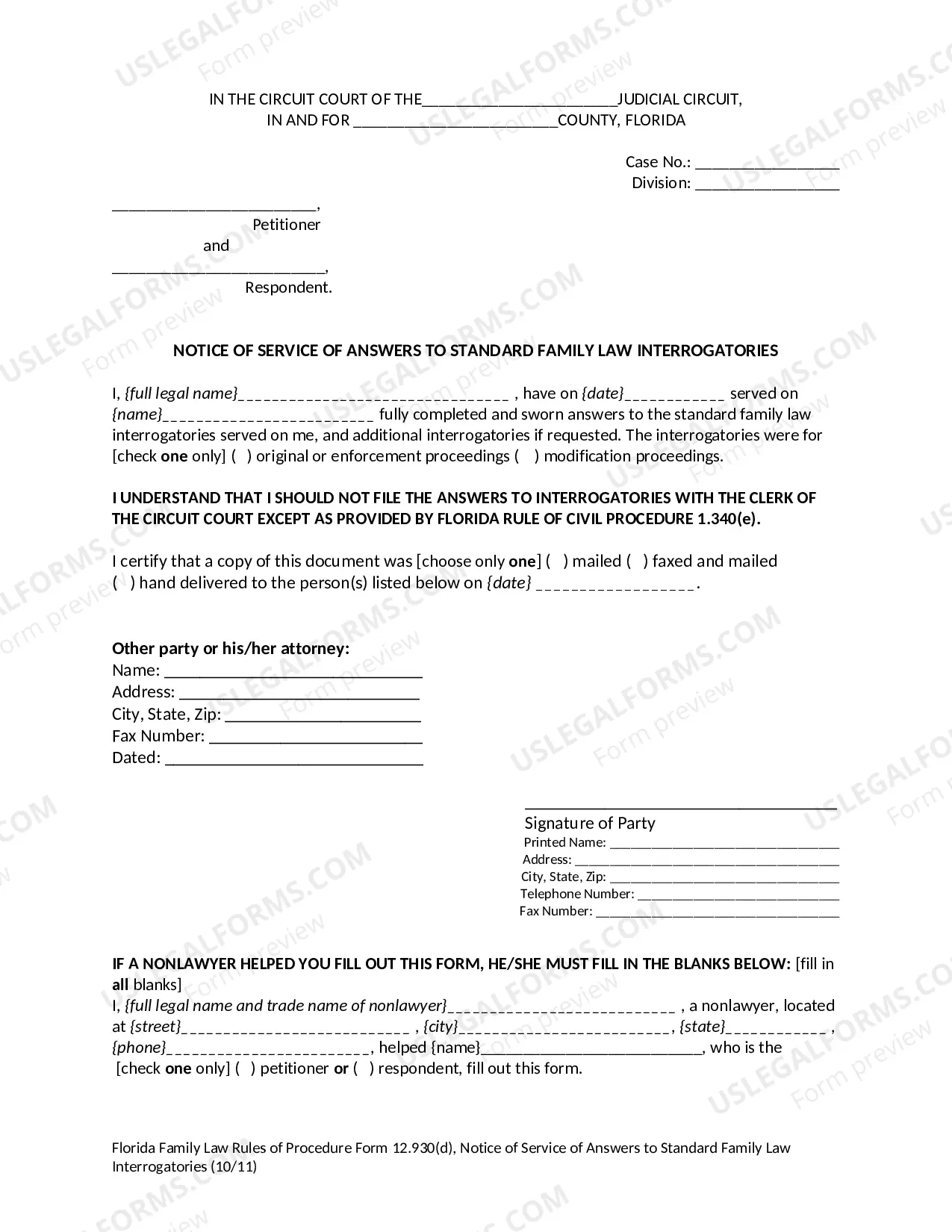 Preview Notice of Service of Answers to Standard Family Law