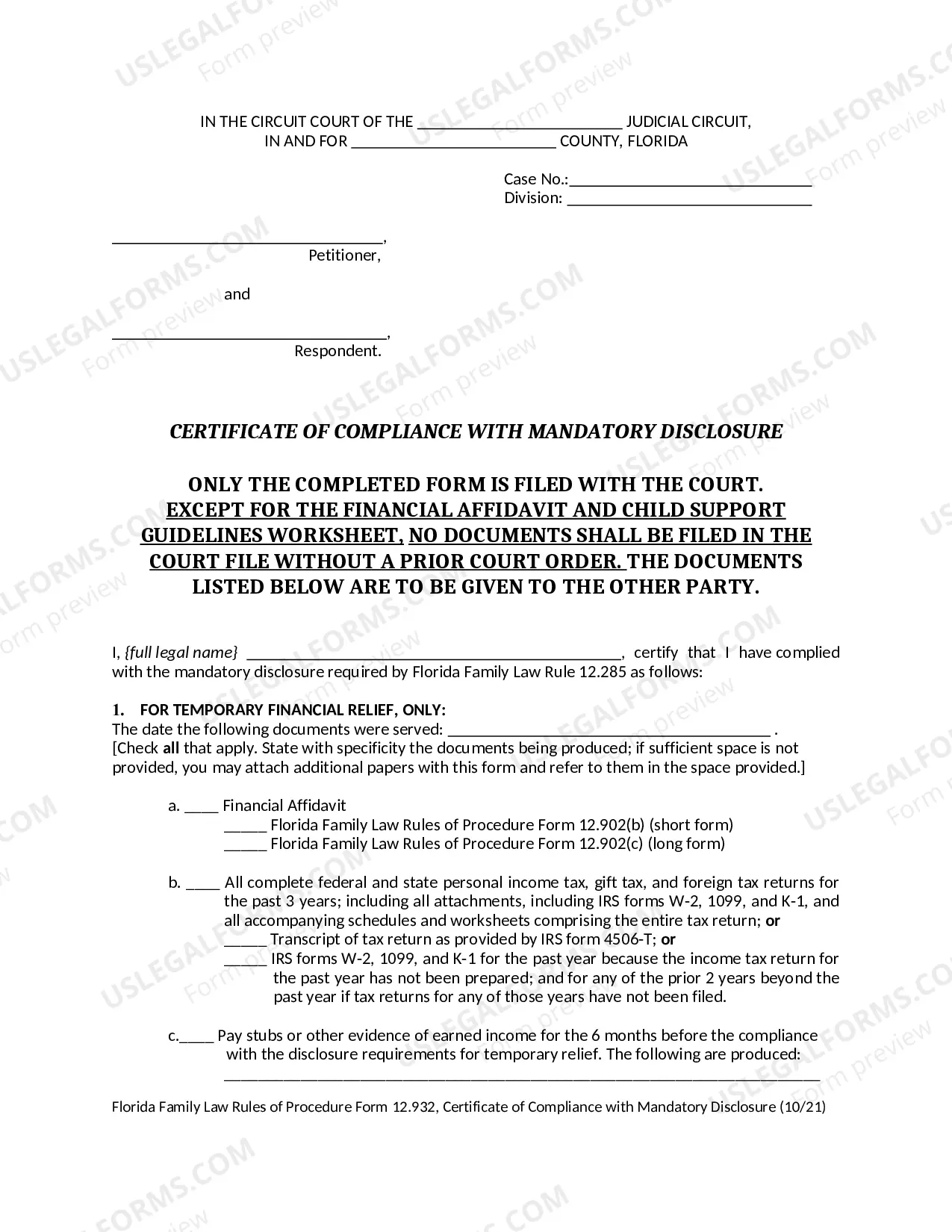 Preview Certificate of Compliance with Mandatory Disclosure