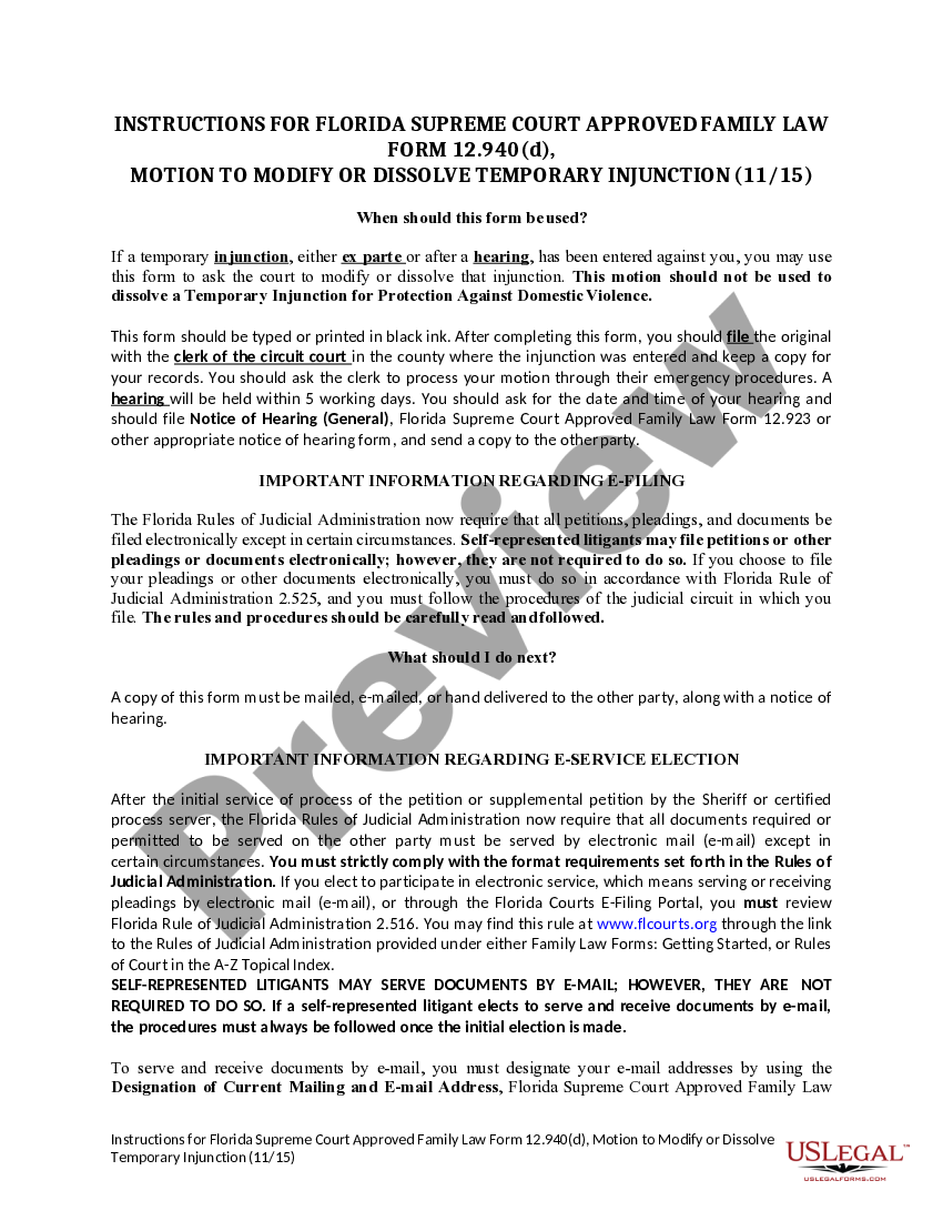 Florida Motion to Modify or Dissolve Temporary Injunction US Legal Forms