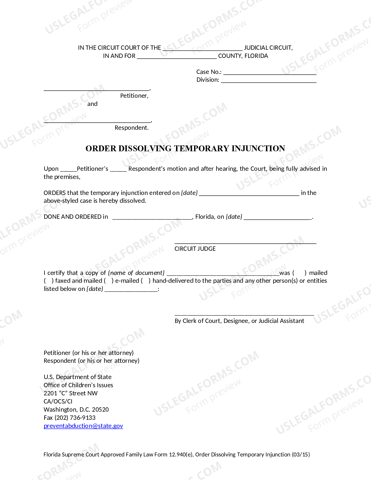 Florida Order Dissolving Temporary Injunction US Legal Forms