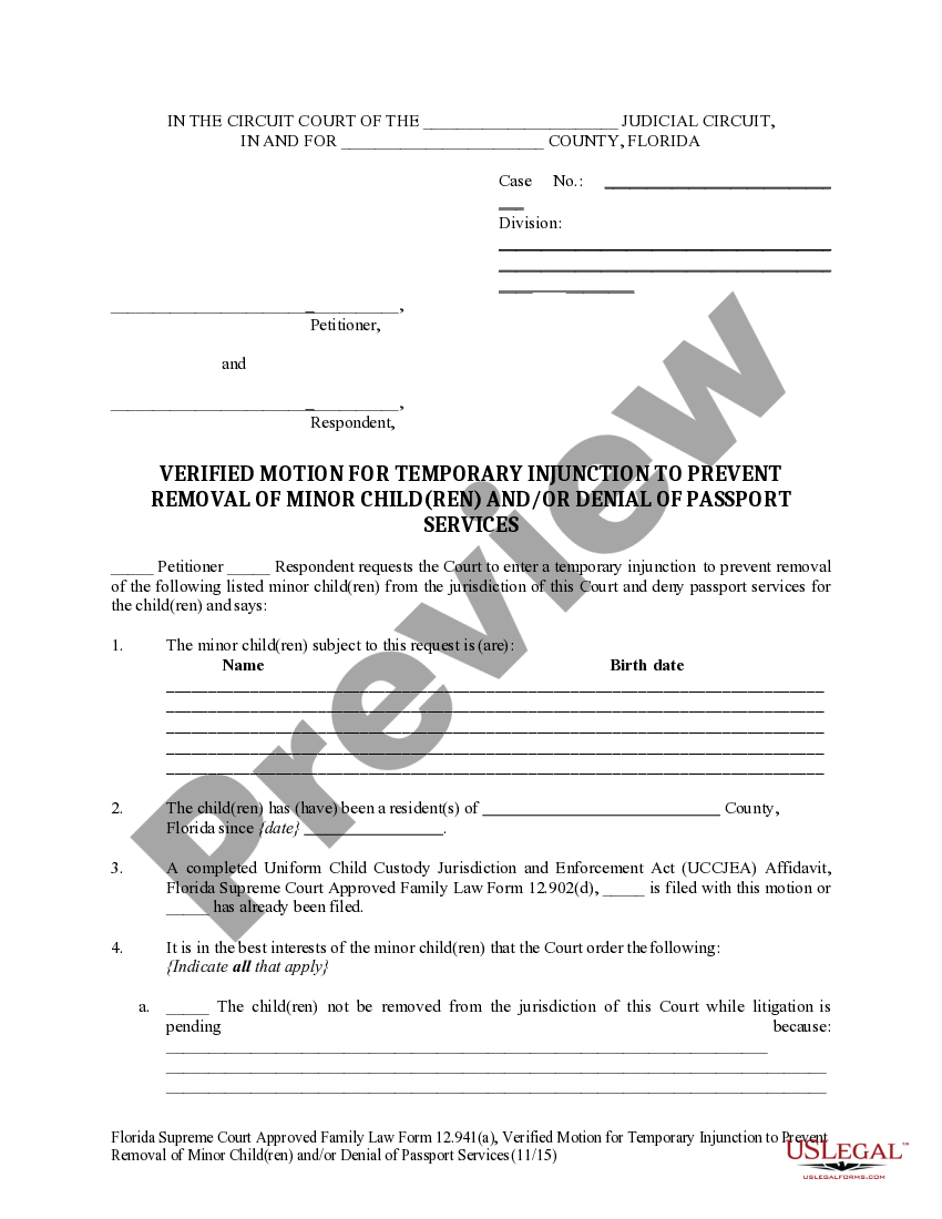 Florida Verified Motion for Temporary Injunction to Prevent Removal of Minor Children and or