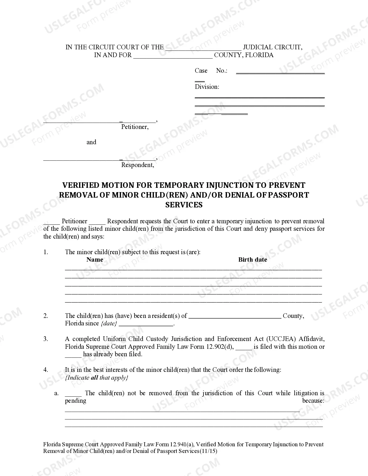 Preview Verified Motion for Temporary Injunction to Prevent Removal of Minor Children and or Denial of Passport Services
