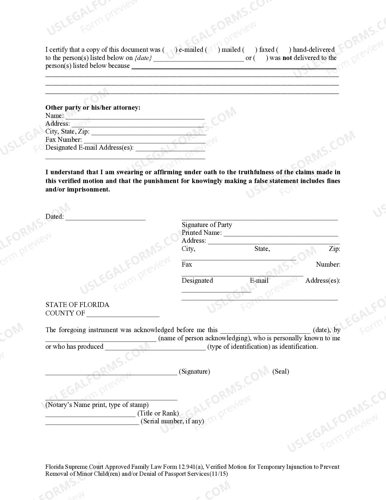 Preview Verified Motion for Temporary Injunction to Prevent Removal of Minor Children and or Denial of Passport Services