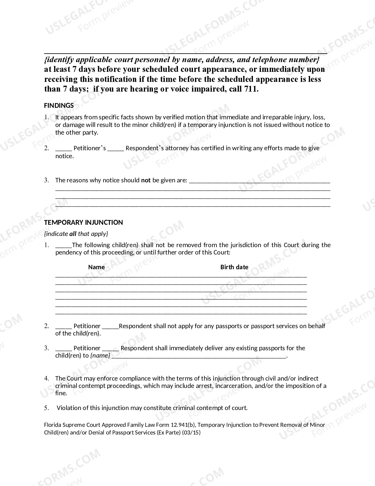 Preview Temporary Injunction to Prevent Removal of Minor Children and / or Denial of Passport Services - Ex Parte
