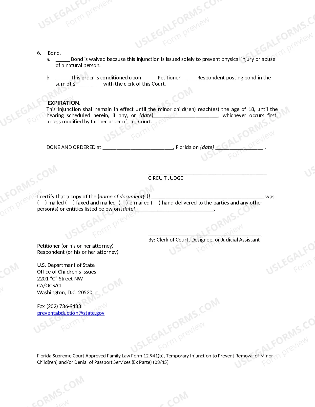 Preview Temporary Injunction to Prevent Removal of Minor Children and / or Denial of Passport Services - Ex Parte