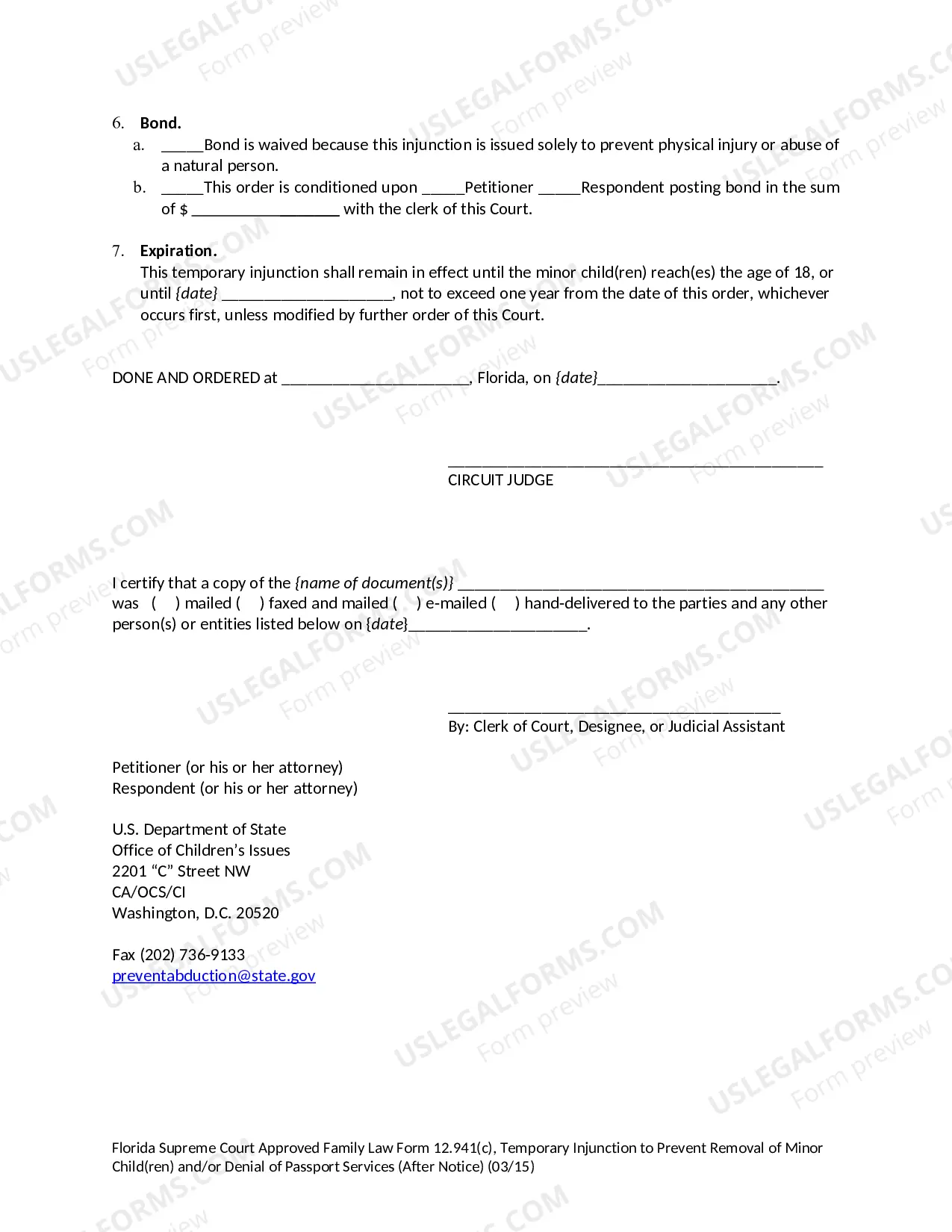 Preview Temporary Injunction to Prevent Removal of Minor Children and / or Denial of Passport Services - After Notice
