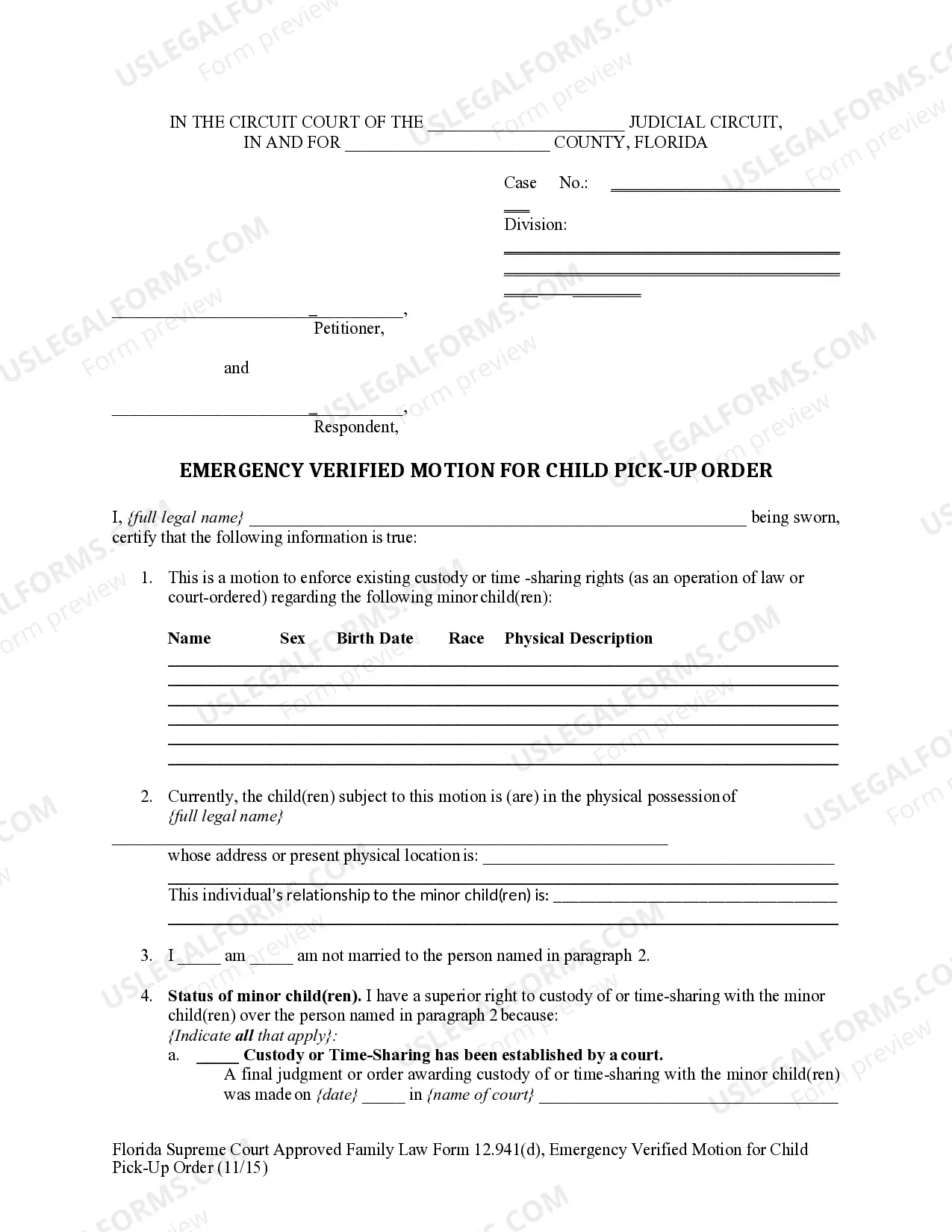 Preview Emergency Verified Motion for Child Pick-Up Order