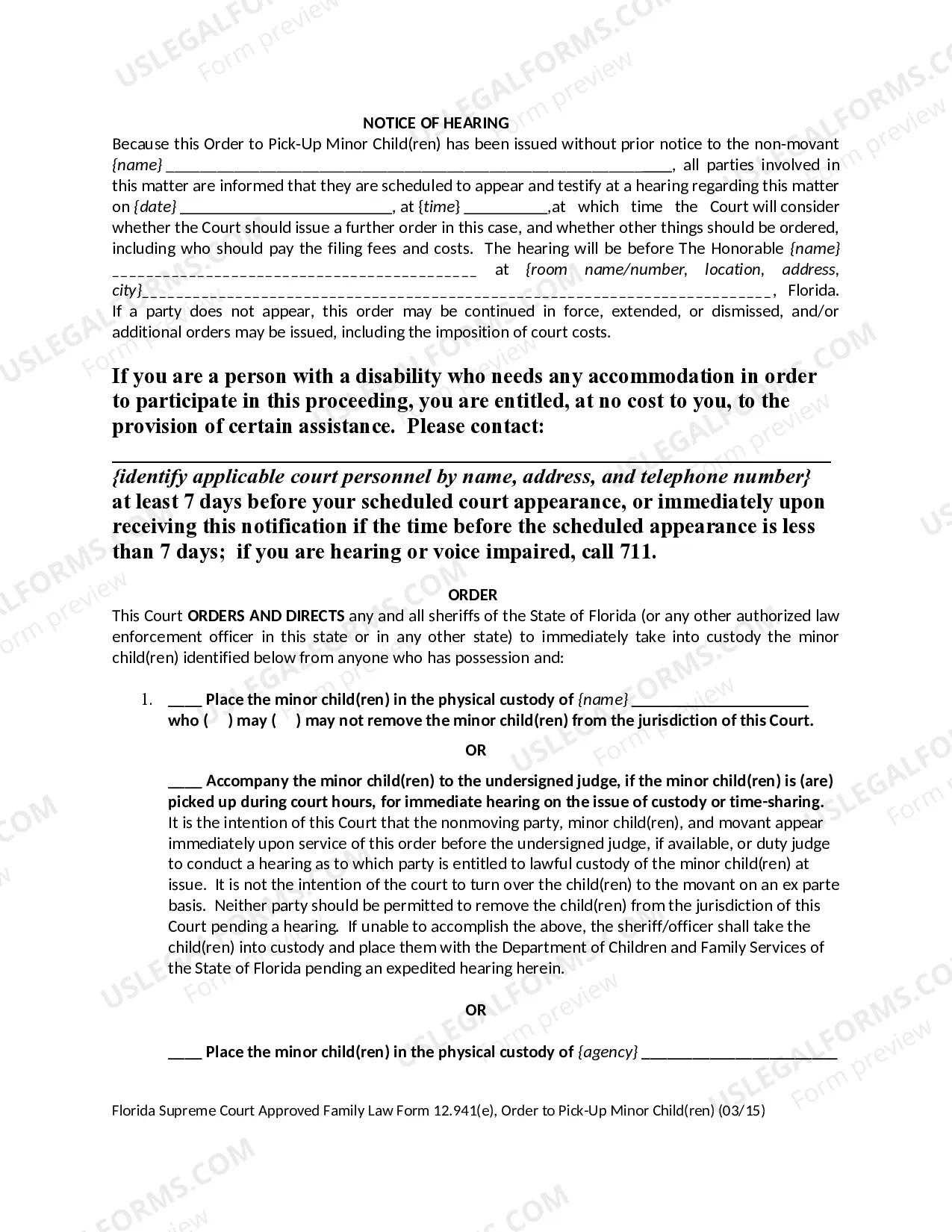Preview Order to Pick-Up Minor Children