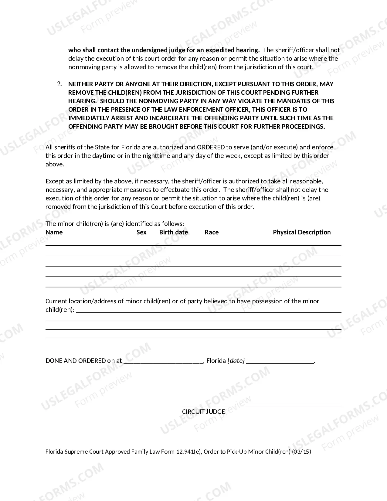 Preview Order to Pick-Up Minor Children