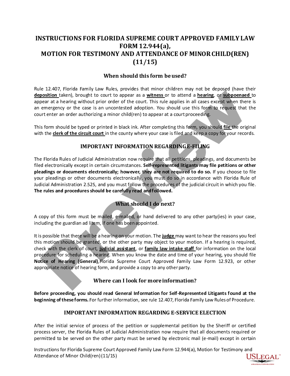 page 0 Motion for Testimony and Attendance of Minor Children preview