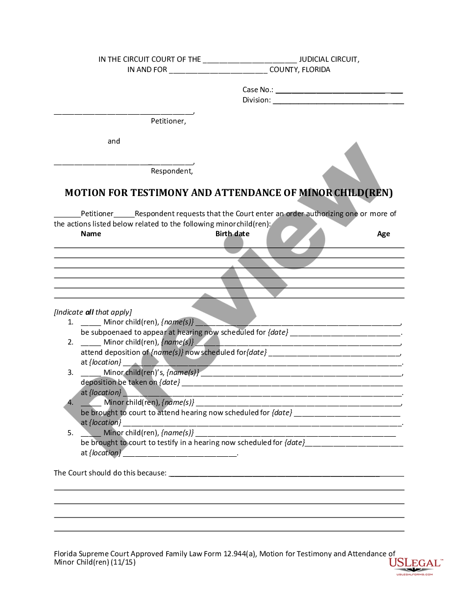 form Motion for Testimony and Attendance of Minor Children preview